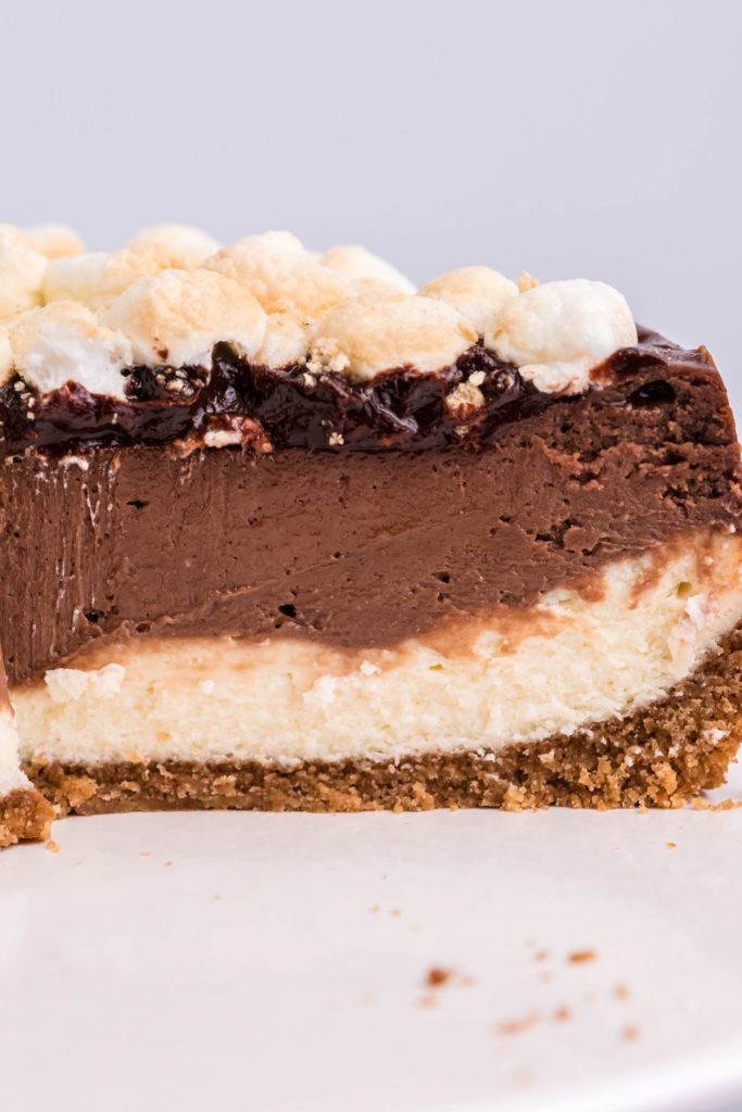 Side angle showing the layers of the air fryer s'mores cheesecake.