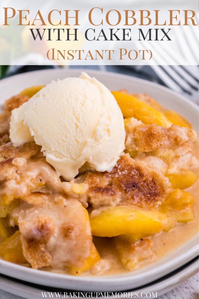 Instant Pot Peach Cobbler on a white plate topped with vanilla ice cream.