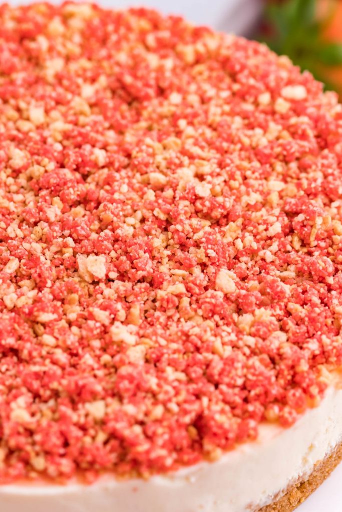 A close up shot of the strawberry crumble topping.