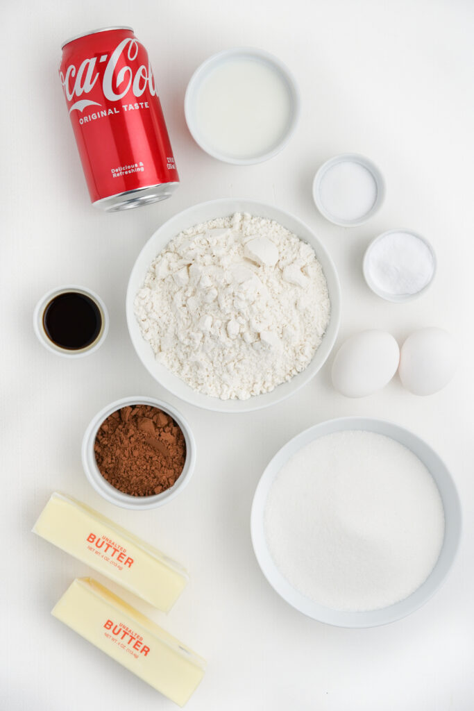Overhead view of the ingredients to make the coca cola cake
