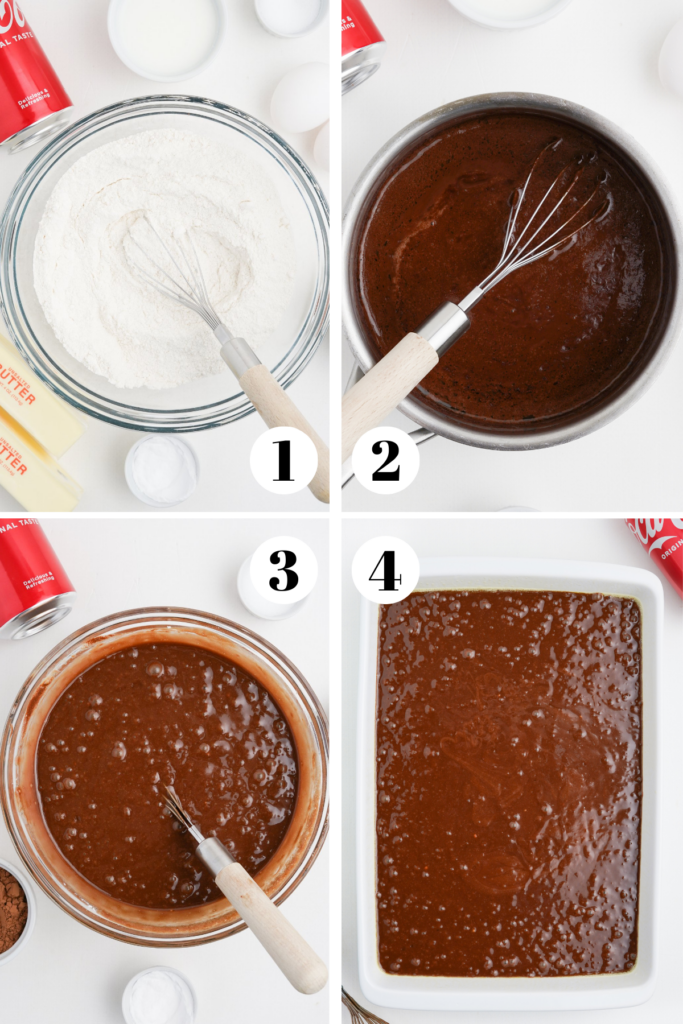 image 1: overhead view of dry ingredients mixed in a bowl. 
image 2: overhead view of wet ingredients melted together in a small saucepan. 
image 3: overhead view of all the ingredients mixed together. 
image 4: overhead view of the batter in the baking dish. 