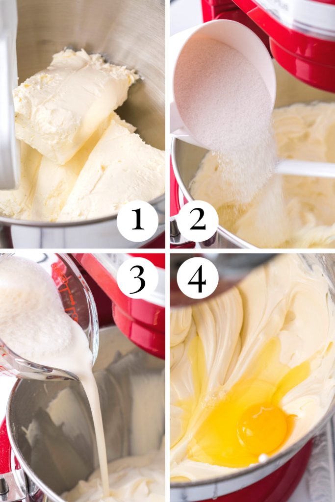 Image 1: cream cheese in the bowl of  a silver stand mixer. Image 2: sugar being added to the cream cheese mixture. Image 3: Heavy whipping cream being added to the cream cheese mixture. Image 4: eggs being added to the cream cheese mixture. 