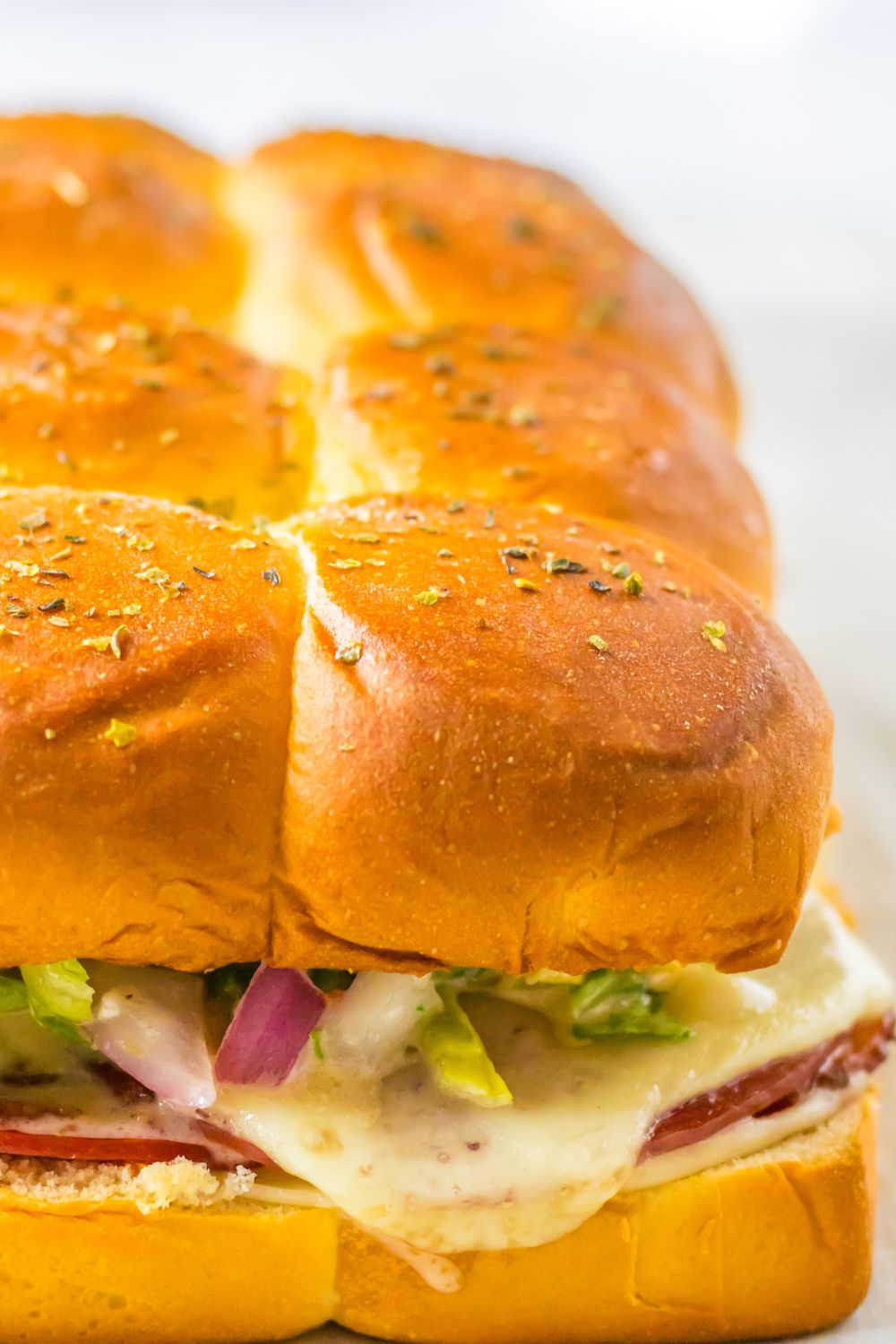 close up of sliders loaded with melted cheese, veggies and topped with spices 