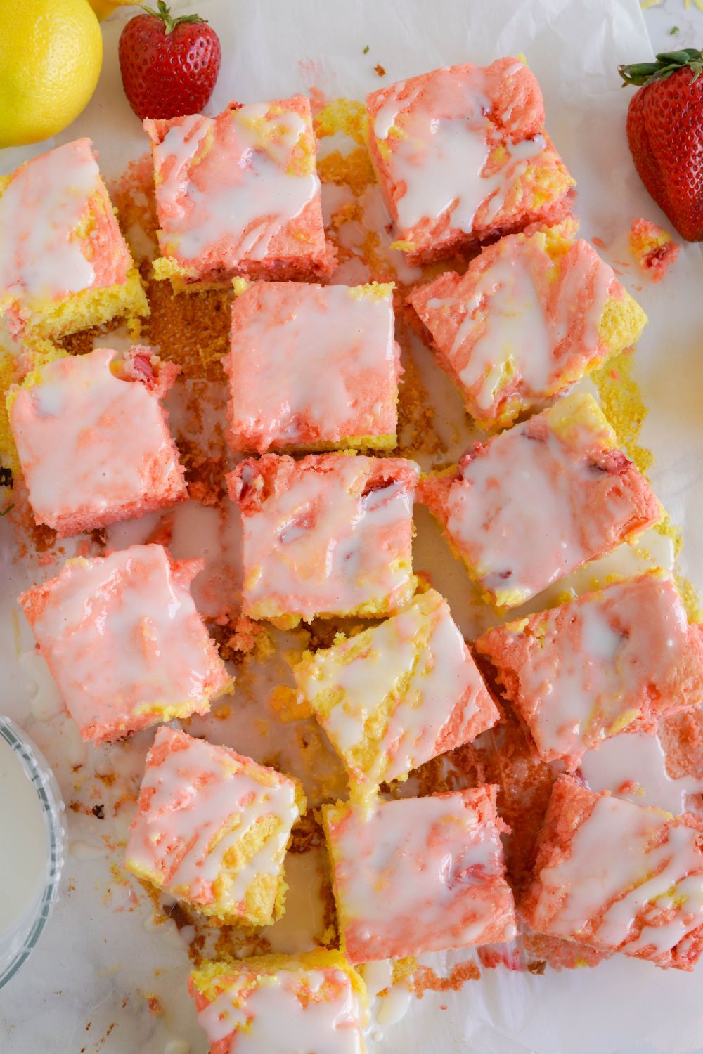 lemon strawberry blondies on table sliced into squares 